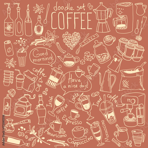 Coffee doodle set. Variety of drinks and accessories - cappuccino, espresso, latte, coffeemaker, french press. Vector drawing for menu and cafe chalkboard.