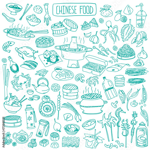 Chinese cuisine doodle set. Traditional asian food, drinks and cooking ingredients. Vector drawing isolated on white background.