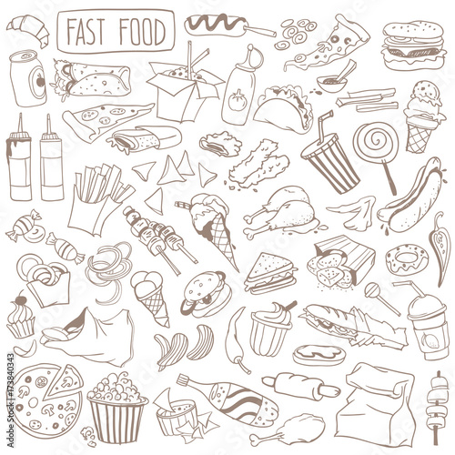 Fast food doodle set. Popular street food, snacks and take away drinks - burger, pizza, french fries, hot dog, donut, sandwich, cola. Freehand vector drawing isolated on white background.