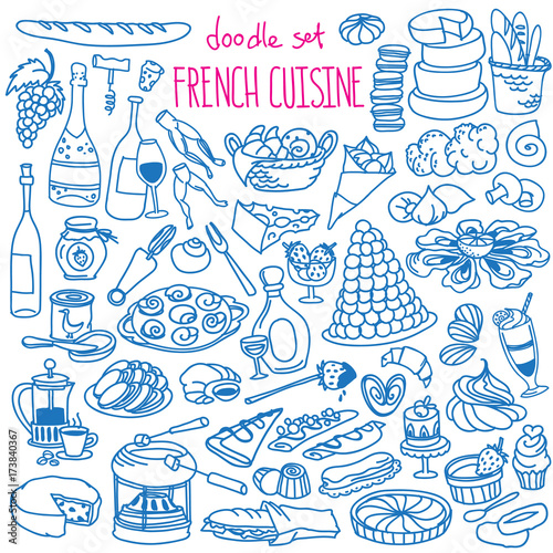 French cuisine doodle set. Traditional food and drinks - baguette, croissant, wine, cheese, crepes, coffee. Vector drawing isolated on white background.