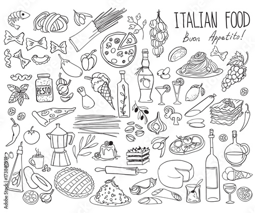 Italian cuisine doodle set. Traditional food and drinks - pizza, lasagna, risotto, gelato, pasta, spaghetti, wine. Freehand vector drawing isolated on white background.