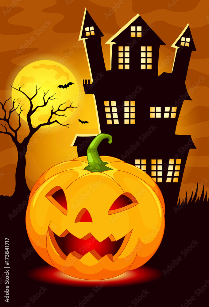 Vector illustration of mystery house with pumpkin lanterns