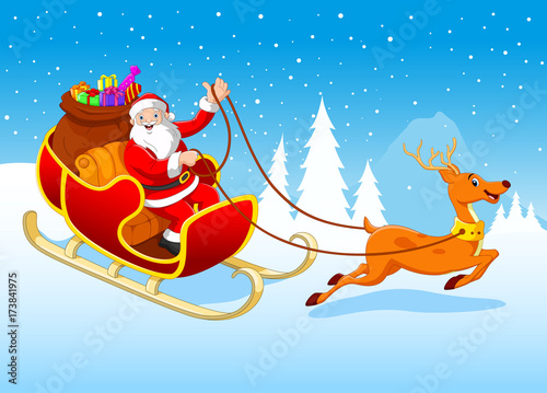 Happy Santa in his sled pulled by reindeer