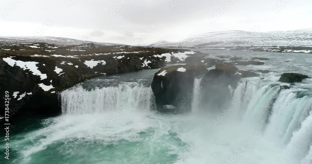 Aerial flight over Godafoss waterfall, Iceland Aerial flight over Godafoss waterfall, Iceland
