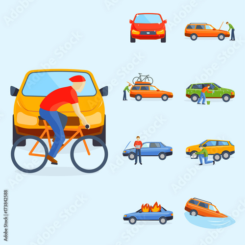 Car crash collision traffic insurance safety automobile emergency disaster and emergency disaster speed repair transport vector illustration.