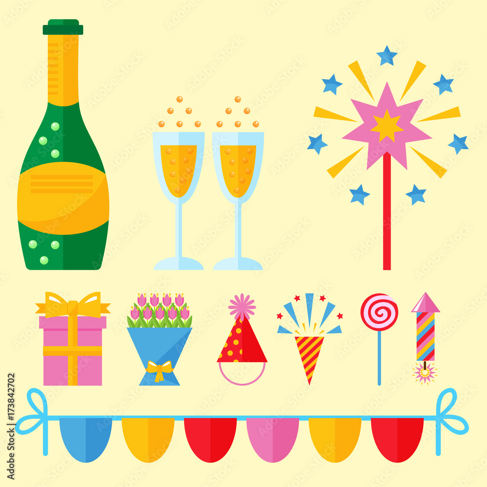 Party icons celebration happy birthday surprise decoration event anniversary vector. Party icons celebration happy birthday surprise decoration event anniversary vector.