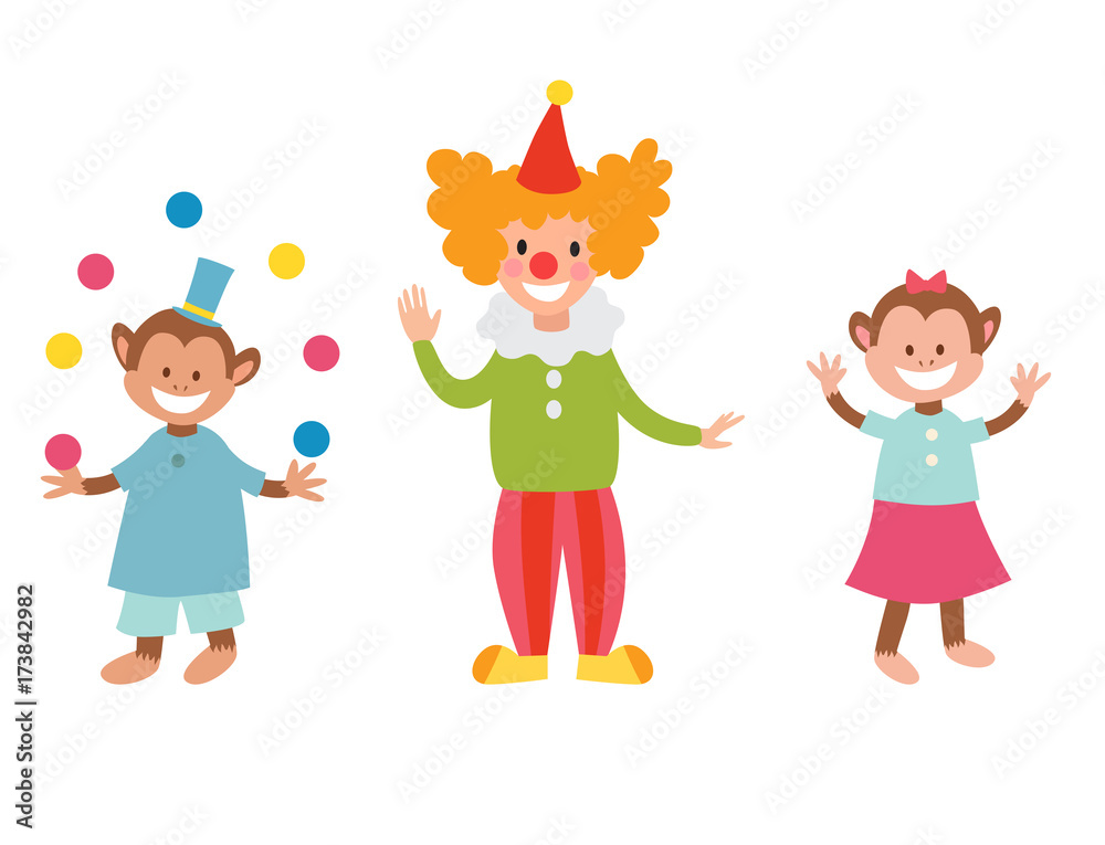 Circus funny animals set of vector icons cheerful zoo entertainment collection juggler pets magician performer carnival illustration.
