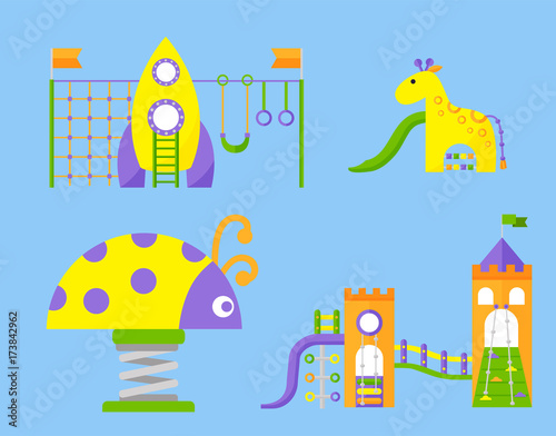 Children playground fun childhood play park activity place recreation swing equipment toy kindergarten amusement vector illustration
