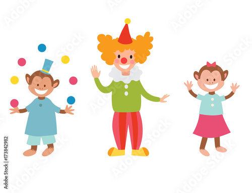 Circus funny animals set of vector icons cheerful zoo entertainment collection juggler pets magician performer carnival illustration.