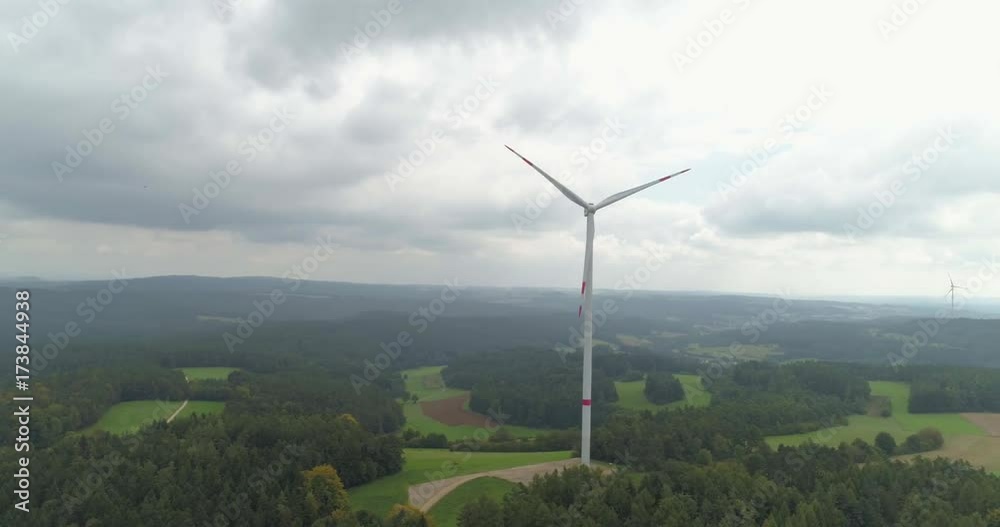 Green power technology, production, clean and renewable energy solution concept. Aerial drone view of summer countryside with wind turbines and agricultural fields on a cloudy day, Green power technology, production, clean and renewable energy solution concept. Aerial drone view of summer countryside with wind turbines and agricultural fields on a cloudy day,