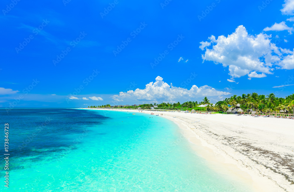 stunning gorgeous, amazing view of a tropical white sand beach and tranquil turquoise ocean at Cayo Coco island, Cuba on sunny beautiful summer day stunning gorgeous, amazing view of a tropical white sand beach and tranquil turquoise ocean at Cayo Coco island, Cuba on sunny beautiful summer day