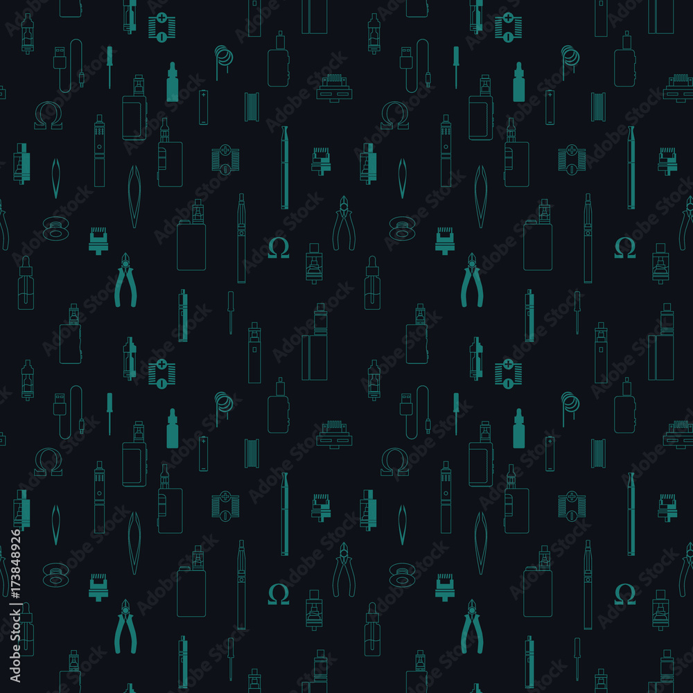 vape patterns of e cigarette, e liquid, vape devices and tools, vaping seamless background. vape patterns of e cigarette, e liquid, vape devices and tools, vaping seamless background.