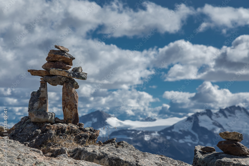 Rock Inukshuk in the mountains. 