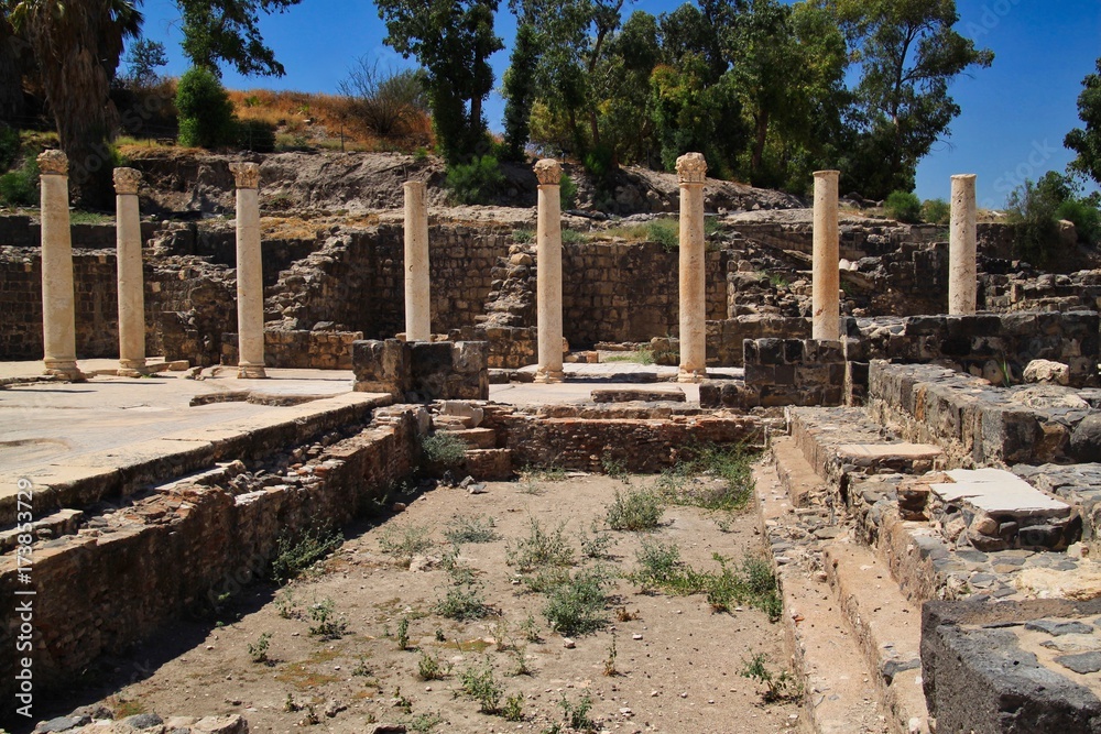 Columns line site of ancient Byzantine archaeological ruins of city of Beit She'an in Israel