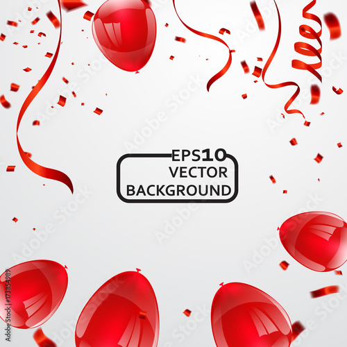 Celebration background template with confetti and red ribbons and balloons. Vector illustration,