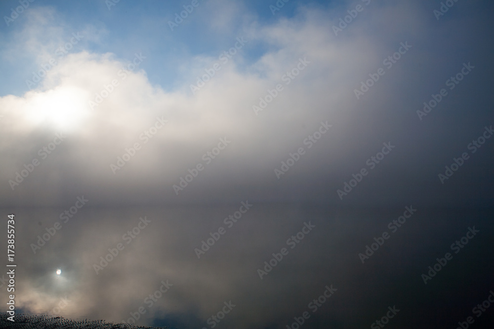Obraz premium Morning on the river early morning reeds mist fog and water surface on the river