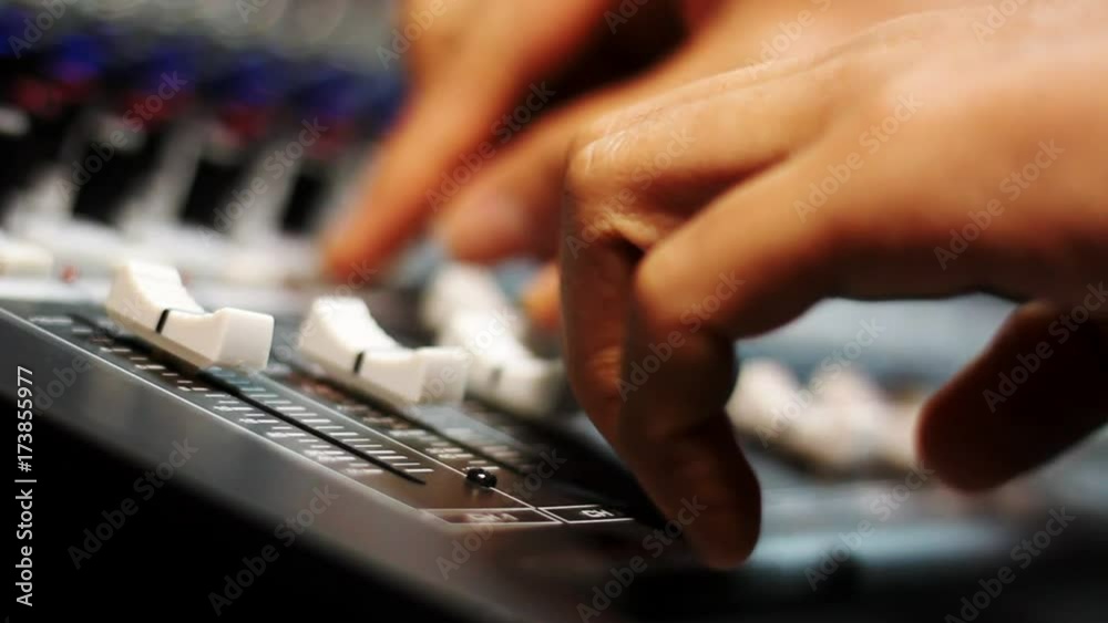 Music band concept background.Close up Hand man connect connect jack microphone at amplifier or loudspeaker.Mix variety object on modern home recording.An idea  musician play the instruments studio.