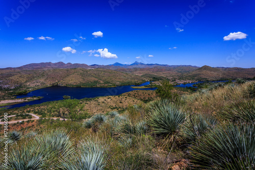 An overview of Patagonia Lake from overlook trail. Patagonia Lake State Park near Nogales, Arizona.