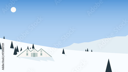Small cottage located on mountain with scenic winter season