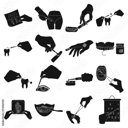 Anesthetic injection, examination of the tooth and other web icon in black style. wound treatment, vision check icons in set collection.