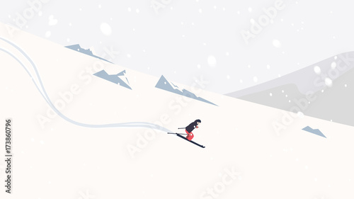 Skier skiing downhill on high mountain with snowfall