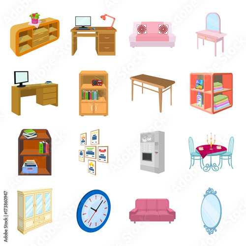 Coffee maker, sofa, mirror, table service in the restaurant and other web icon in cartoon style isometric. Interior and office furniture icons in set collection.