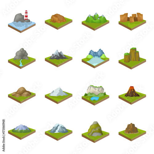 Mountains, rocks, lighthouse, volcano and other land reliefs. Mountains and landscapes set collection icons in cartoon style isometric vector symbol stock illustration web.