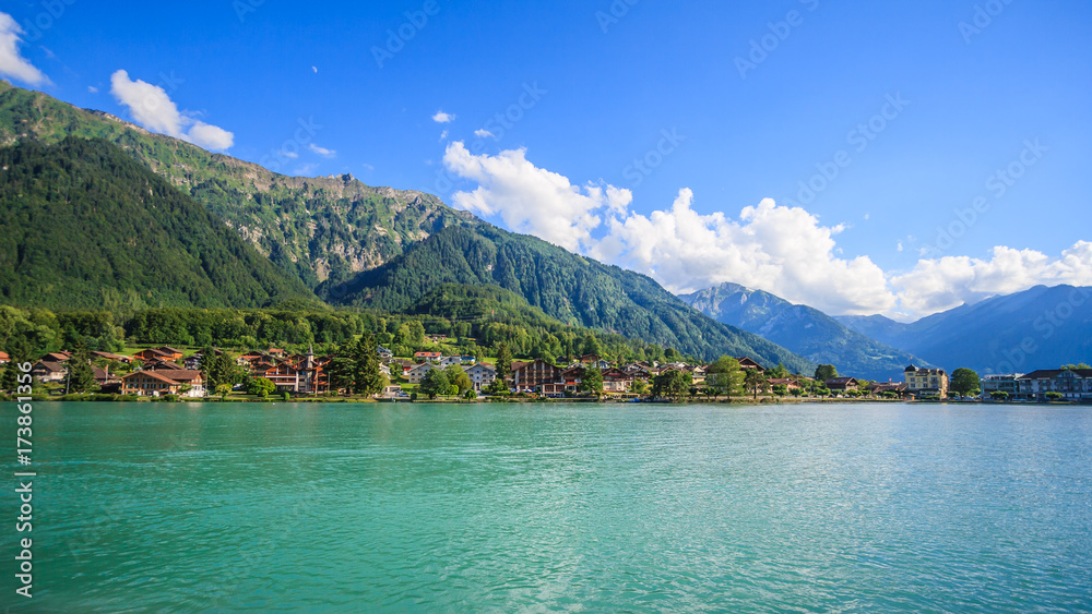 Lake Brienz (Brienzersee) Embankment Scenery view from cruise boat, Interlaken, Switzerland, Europe