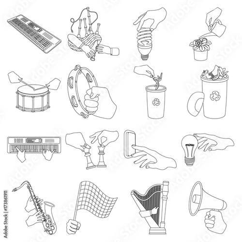 Musical instrument, garbage and ecology, electric applianc and other web icon in outline style. Megaphone, finishing checkered flag, gesture and manipulation with hands icons in set collection. photo