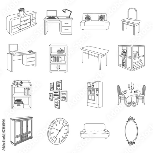 Coffee maker, sofa, mirror, table service in the restaurant and other web icon in outline style isometric. Interior and office furniture icons in set collection.