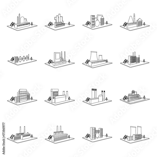 Processing factory,metallurgical plant and other production. Factory and industry set collection icons in outline style isometric vector symbol stock illustration web.