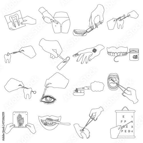 Anesthetic injection, examination of the tooth and other web icon in outline style. wound treatment, vision check icons in set collection.