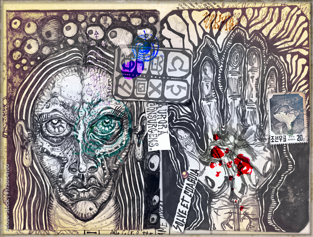 Obraz premium Graffiti,manoscritti misteriosi e disegni,alchemici,esoterici e astrologici