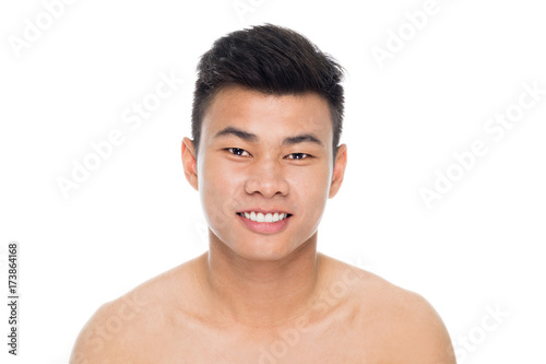 Handsome man face  close up portrait studio on white background
