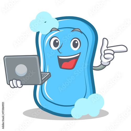 With laptop blue soap character cartoon