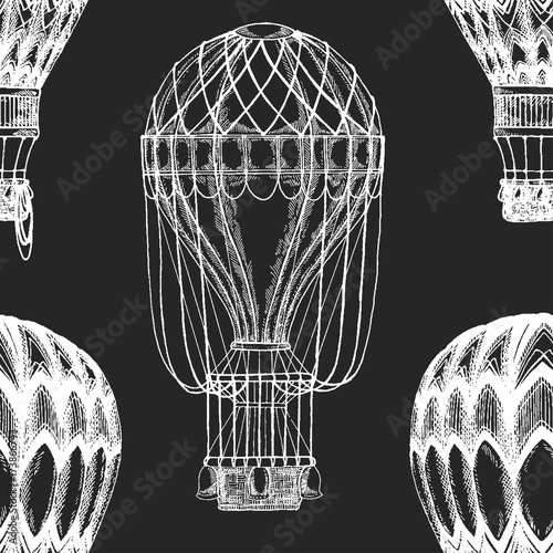 Vintage balloon Vector image on blackboard Chalk Illustration Seamless vector pattern with hot air balloon Balloon festival