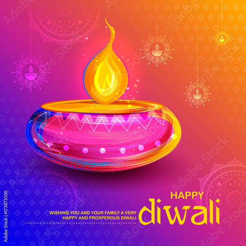 Burning diya on Happy Diwali Holiday background for light festival of India