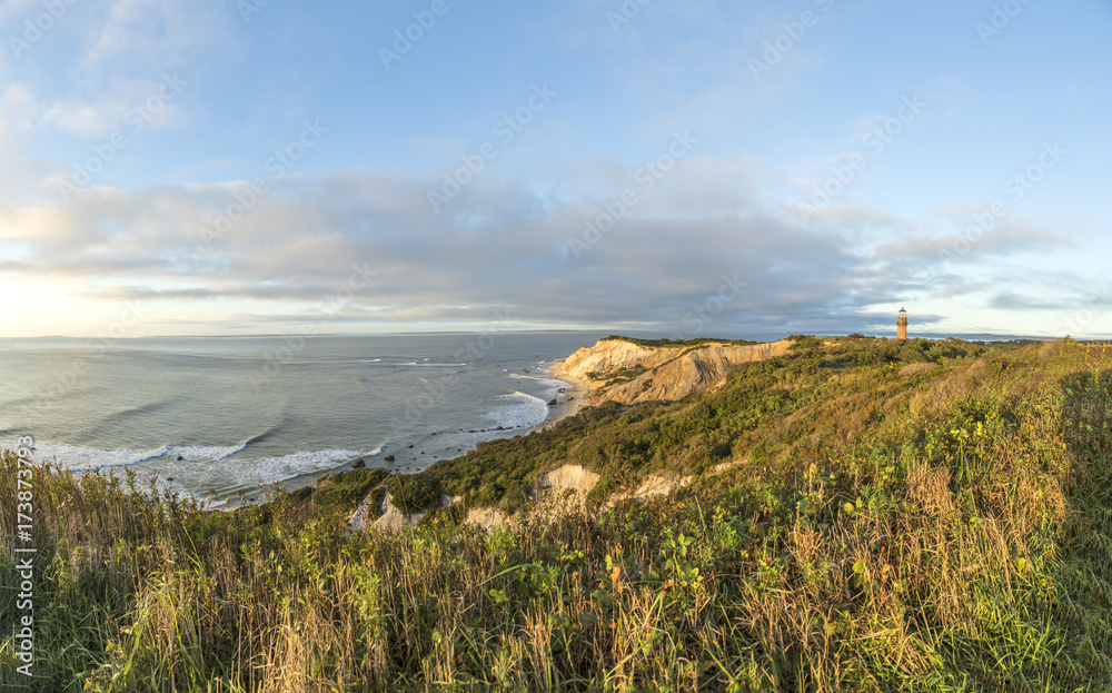 Gay Head Lighthouse and Gay Head cliffs of clay at the westernmost point of Martha's Vineyard in Aquinnah