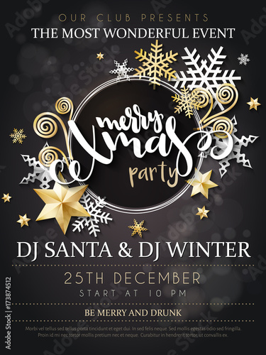 Vector illustration of christmas party poster with hand lettering label - christmas - with stars, sparkles, snowflakes and swirls