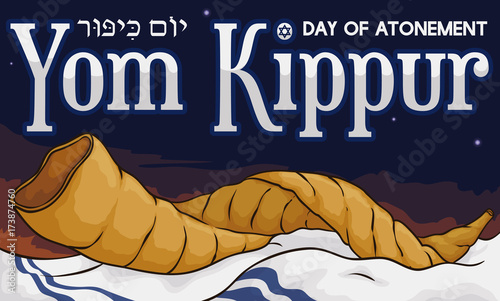 Shofar Horn over Tallit in a Dawn of Yom Kippur, Vector Illustration