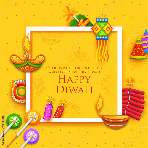 Burning diya and firecracker on Happy Diwali Holiday background for light festival of India