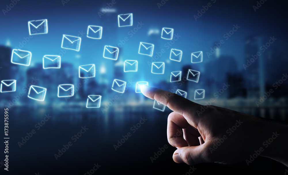 Businessman holding and touching floating emails sketch Businessman holding and touching floating emails sketch