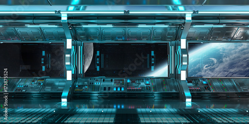 Fototapeta Naklejka Na Ścianę i Meble -  Spaceship interior with view on the planet Earth 3D rendering elements of this image furnished by NASA