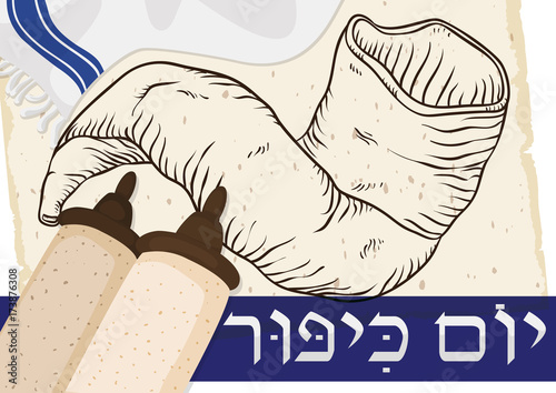 Scrolls, Tallit, Shofar and Ribbon in Hebrew for Yom Kippur, Vector Illustration