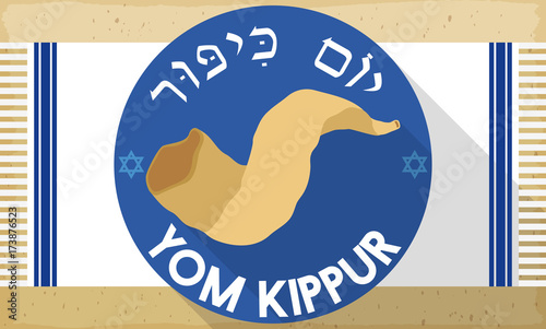 Shofar Horn over Tallit in Flat Style for Yom Kippur, Vector Illustration