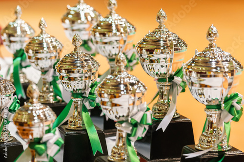 Many shiny trophies in a rows
