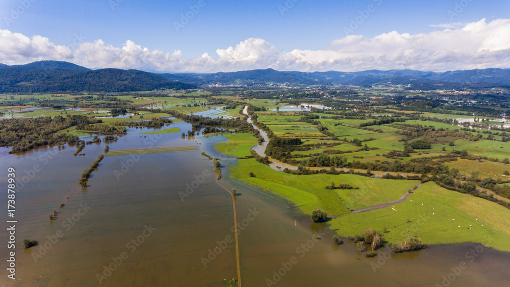 Aerial view of flooded fields.