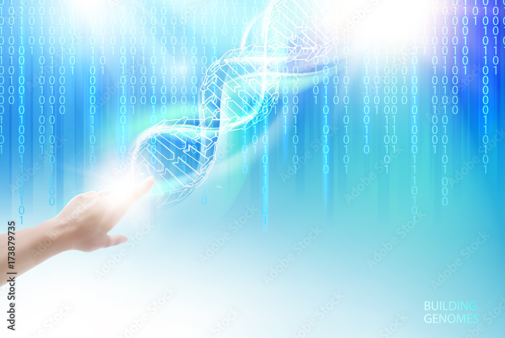 Human hand pointing to the DNA over blue sky background with falling digits of bigdata array. DNA and bigdata. Vector illustration. Human hand pointing to the DNA over blue sky background with falling digits of bigdata array. DNA and bigdata. Vector illustration.