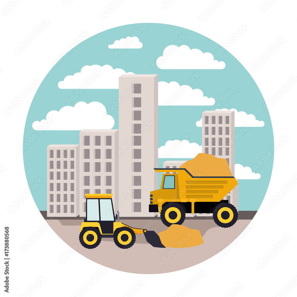 building set city landscape construction with dump truck and bulldozer in circular shape colorful silhouette