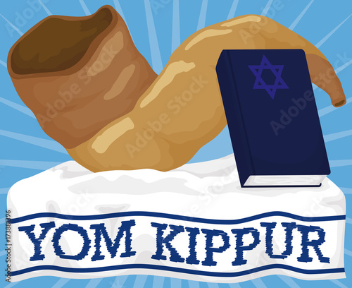 Shofar Horn and Sacred Book over Tallit for Yom Kippur, Vector Illustration